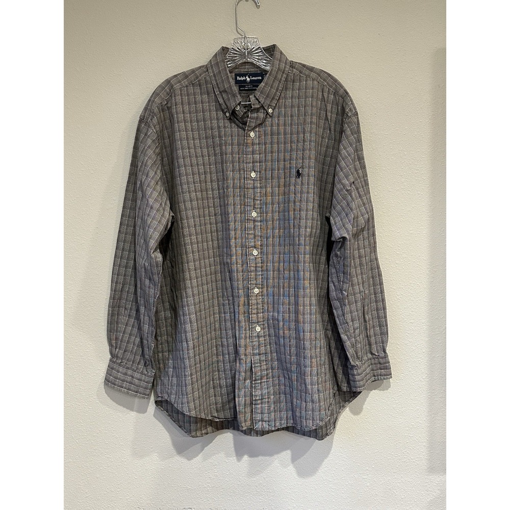 Ralph‎ Lauren Blake  Shirt Men Large Check Plaid Blue Green White Cotton
